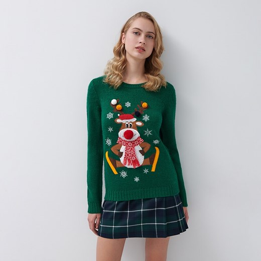Świąteczny sweter z reniferem - Turkusowy House S wyprzedaż House