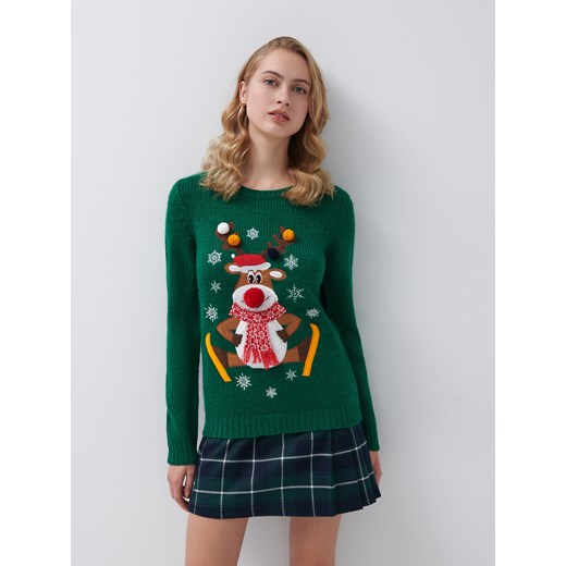 Świąteczny sweter z reniferem - Turkusowy House S wyprzedaż House