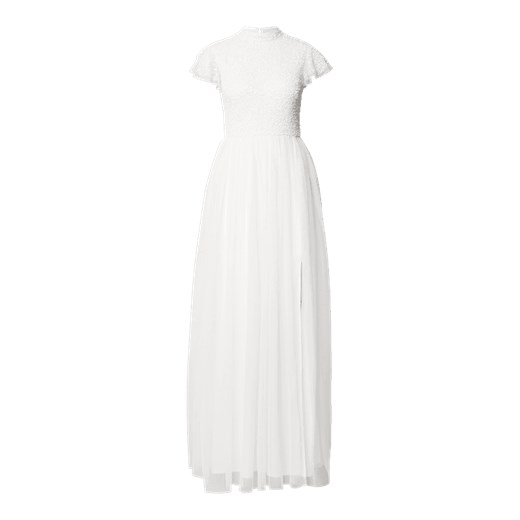 Sukienka Lace & Beads biała z krótkimi rękawami rozkloszowana elegancka maxi 