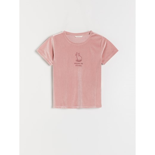 Reserved - Welurowy t-shirt z nadrukiem - Różowy Reserved 122 wyprzedaż Reserved