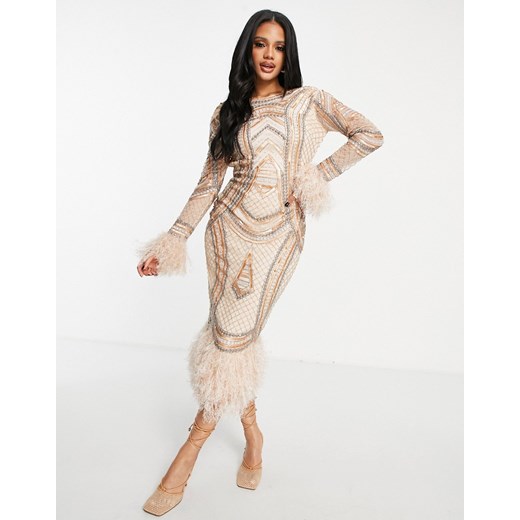 ASOS DESIGN – Złota sukienka midi z długimi rękawami, zdobieniem z cekinów i 38 Asos Poland