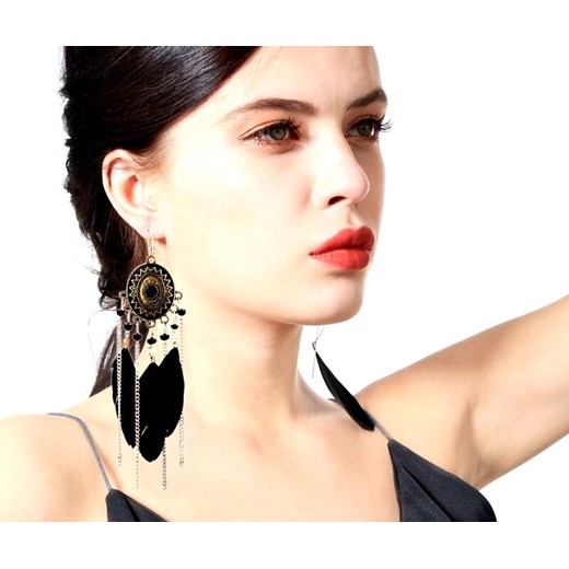 Kolczyki czarne złote białe wiszące długie pióra boho Jewelry & Watches promocja Edibazzar