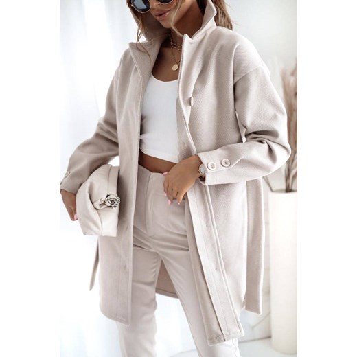 Beżowy płaszcz damski z wiązaniem w talii XANA COAT uniwersalny lafemmeboutique.pl