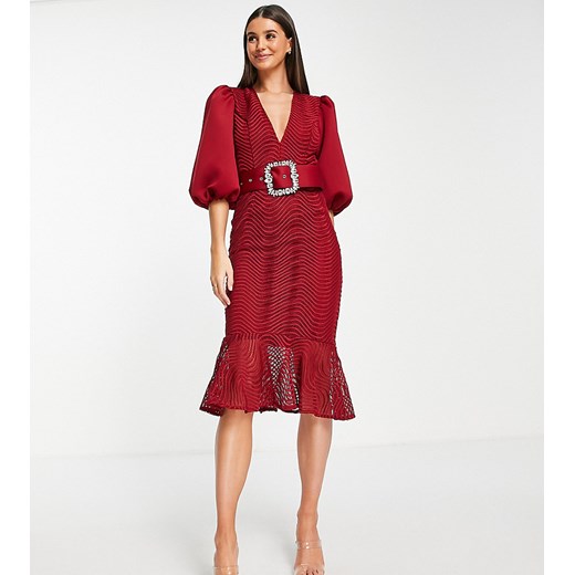 ASOS DESIGN Tall – Czerwona koronkowa sukienka midi z bufkami i 32 Asos Poland