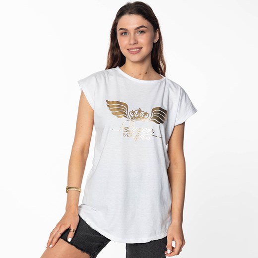 Biały damski t-shirt ze złotym nadrukiem i napisem - Odzież Royalfashion.pl M - 38 royalfashion.pl