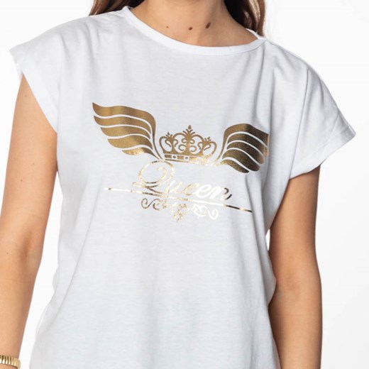 Biały damski t-shirt ze złotym nadrukiem i napisem - Odzież Royalfashion.pl M - 38 royalfashion.pl