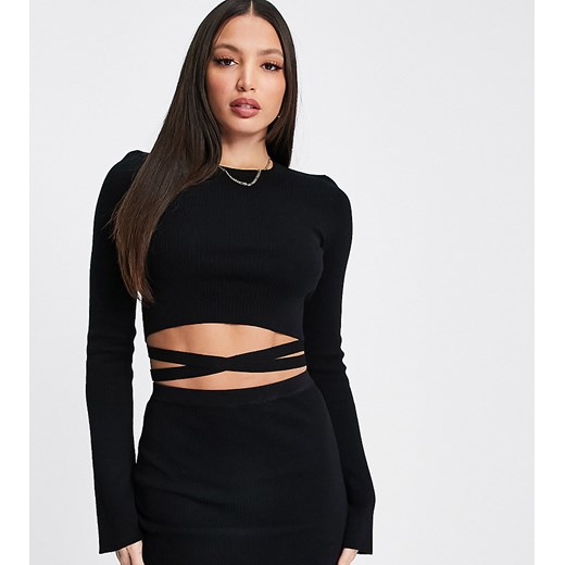 ASOS DESIGN Tall – Czarny prążkowany sweter z wiązaniem w talii – Część 46 Asos Poland