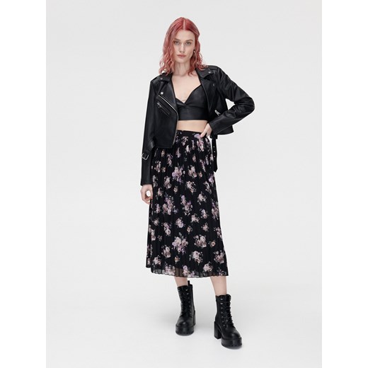 Cropp - Spódnica midi w róże - Czarny Cropp L Cropp