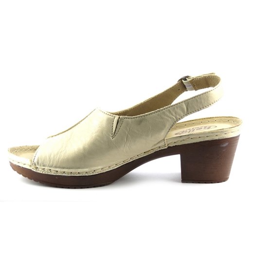 Skórzane sandały damskie na a'la drewnianym obcasie HELIOS 223, złote Helios Komfort 39 promocja ulubioneobuwie