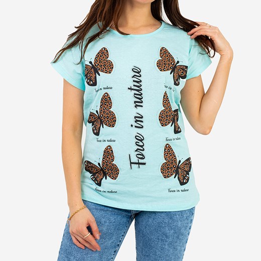 Miętowy damski t-shirt z nadrukiem w motyle PLUS SIZE - Odzież Royalfashion.pl 4XL-48 royalfashion.pl