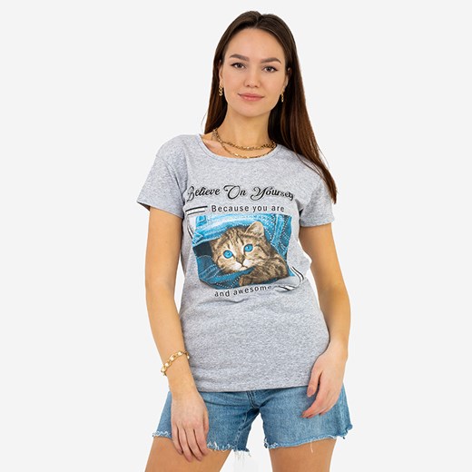 Szary damski t-shirt z kotkiem - Odzież Royalfashion.pl XL - 42 royalfashion.pl