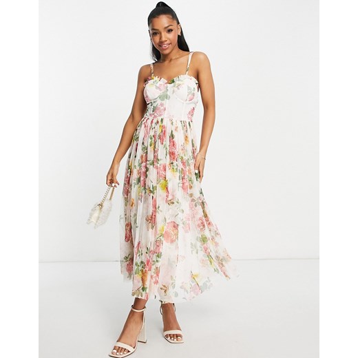 Lace & Beads – Gorsetowa tiulowa sukienka midi w delikatne kwiaty-Kolorowy Lace & Beads 42 Asos Poland