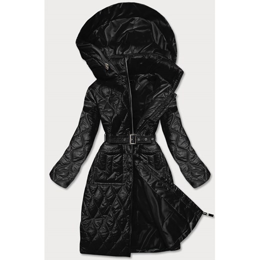 Długa pikowana kurtka z paskiem czarna (7257) ze sklepu goodlookin.pl w kategorii Płaszcze damskie - zdjęcie 131437432