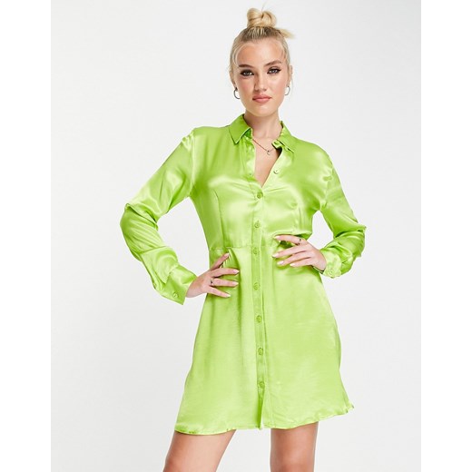 Stradivarius – Limonkowa satynowa sukienka koszulowa mini-Zielony M Asos Poland