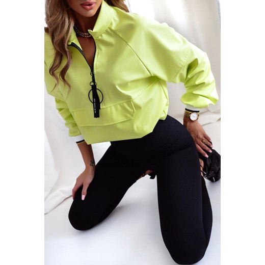 Limonkowa bluza damska wkładana przez głowę z zamkiem przy szyi XANA NEON uniwersalny lafemmeboutique.pl