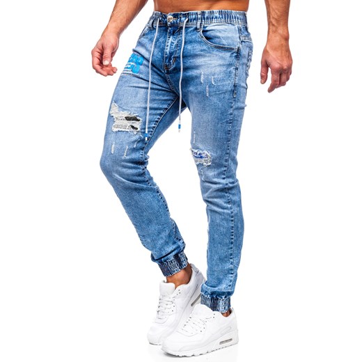 Niebieskie spodnie jeansowe joggery męskie Denley TF155 S okazja Denley