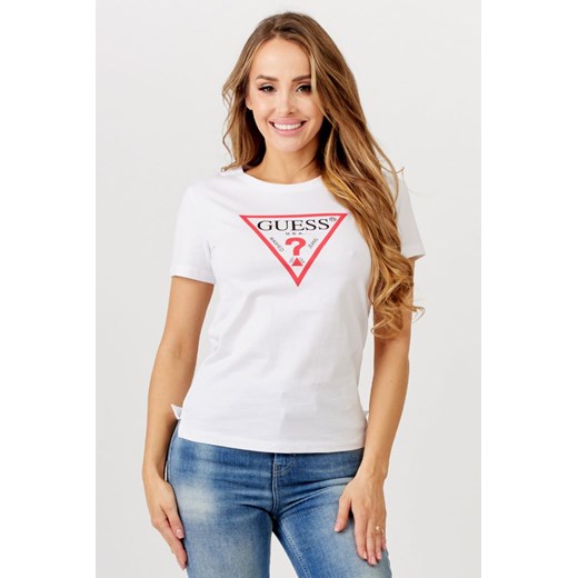 GUESS - Biały t-shirt damski z dużym trójkątnym logo Guess XS outfit.pl