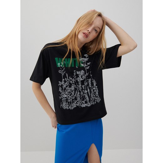 Reserved - T-shirt z roślinnym motywem - Czarny Reserved M/L Reserved