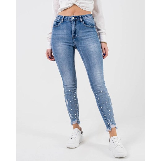 Niebieskie jeansy damskie rurki z perełkami - Odzież Royalfashion.pl S - 36 royalfashion.pl
