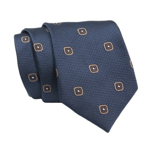 Klasyczny Krawat, Granatowy w Brązowy Wzór, Męski, 7cm -Angelo di Monti KRADM1855 ze sklepu JegoSzafa.pl w kategorii Krawaty - zdjęcie 132006941