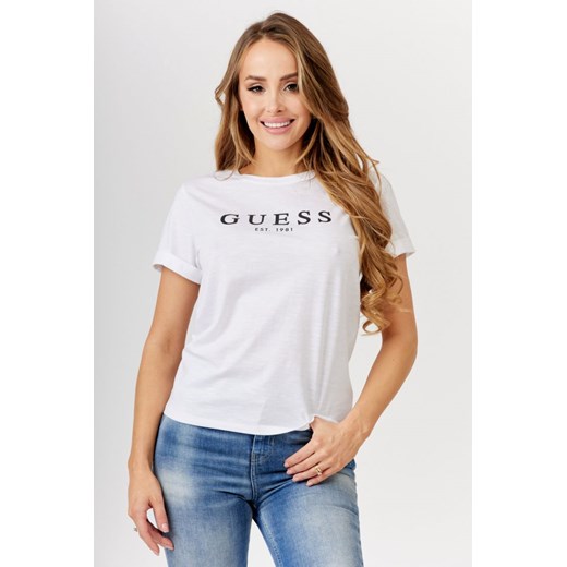 GUESS - Biały t-shirt damski z czarnym logo Guess XL outfit.pl