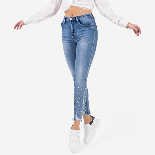 Niebieskie jeansy damskie rurki z perełkami - Odzież Royalfashion.pl XL - 42 royalfashion.pl