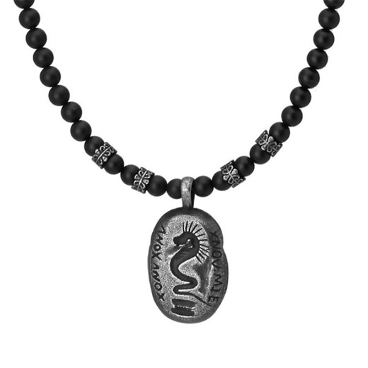 Męski naszyjnik z czarnymi koralikami onyksu i medalionem z wężem ze sklepu manoki.pl w kategorii Naszyjniki męskie - zdjęcie 132213533