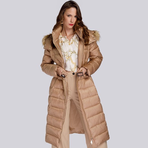 Damski płaszcz zimowy klasyczny z kapturem beżowy ze sklepu WITTCHEN w kategorii Płaszcze damskie - zdjęcie 132437624