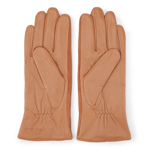Damskie rękawiczki skórzane z zamszowymi wstawkami camelowe ze sklepu WITTCHEN w kategorii Rękawiczki damskie - zdjęcie 132449441