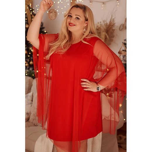 Sukienka Plus Size z tiulową narzutką czerwona B10 4XL okazyjna cena fasardi.com