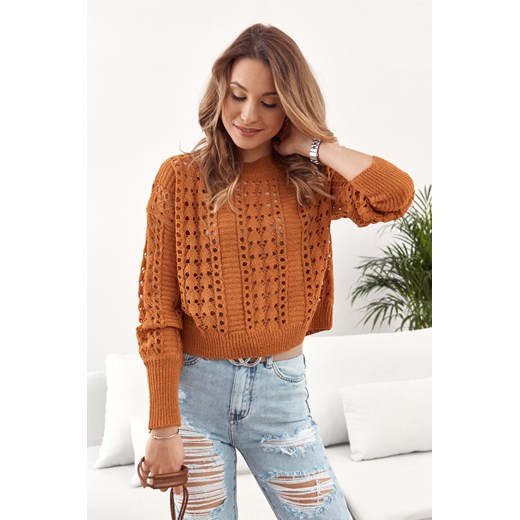 Krótki ażurowy sweter miodowy 9110 L/XL wyprzedaż fasardi.com