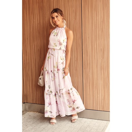 Maxi sukienka w kwiaty z hokerem lawendowy róż 3069 S fasardi.com