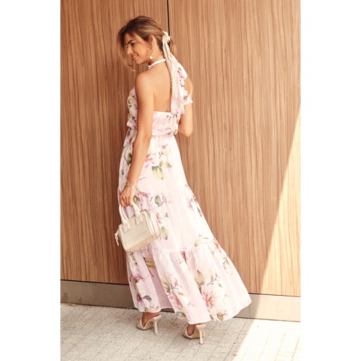 Maxi sukienka w kwiaty z hokerem lawendowy róż 3069 M fasardi.com