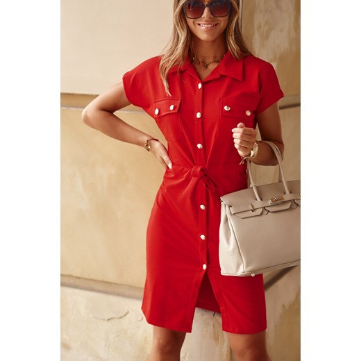 Sukienka na guziki z paskiem szmizjerka czerwona FI638 XL fasardi.com