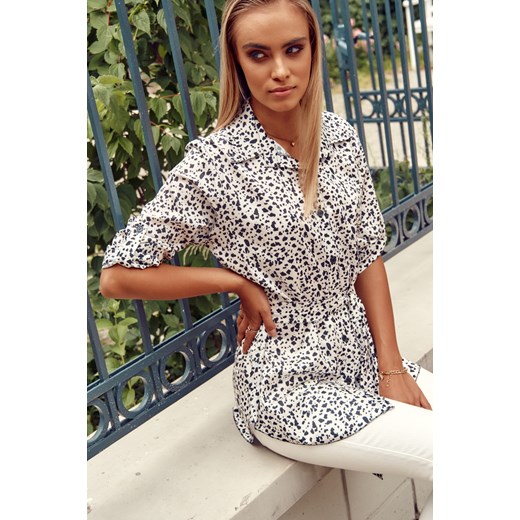 Długa koszula damska wiązana w pasie kremowo-czarna 87335 UNIW fasardi.com