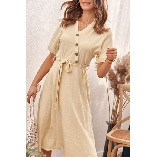 Rozkloszowana sukienka midi z kołnierzykiem żółta MP60902 M fasardi.com
