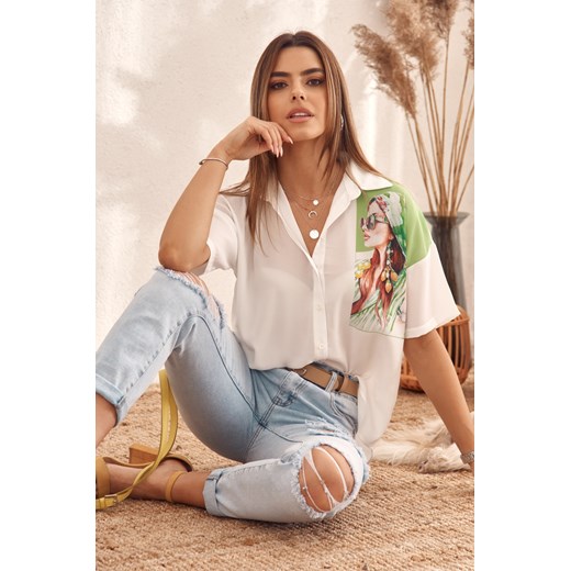 Delikatna koszula z nadrukiem na ramieniu kremowo-zielona MP26650 L fasardi.com