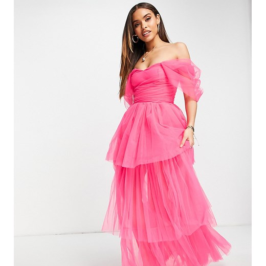 Lace & Beads – Różowa tiulowa sukienka maxi z odsłoniętymi ramionami – Tylko w Lace & Beads 36 Asos Poland
