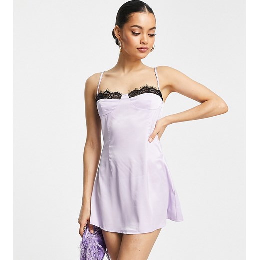 Missguided Petite – Różowa satynowa sukienka mini na ramiączkach z koronkowym 38 Asos Poland