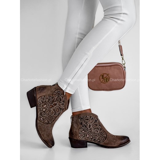 Buty sztyblety z dżetami kolor taupe przypalony I426 Damiss 38 Charlotte Fashion