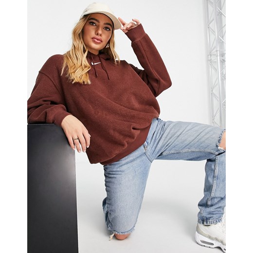 Nike – Bordowa pluszowa bluza oversize z kapturem i małym logo-Fioletowy Nike M Asos Poland