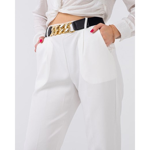 Białe materiałowe spodnie damskie z paskiem - Odzież Royalfashion.pl S - 36 royalfashion.pl