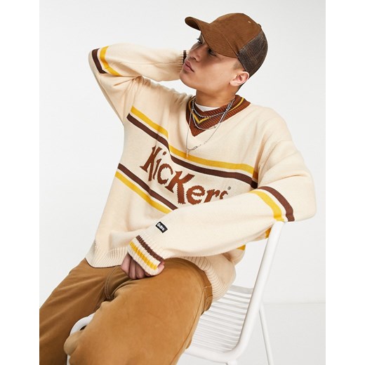 Kickers – Sweter z dekoltem w szpic w kolorze ecru z paskami i logo-Biały XS Asos Poland