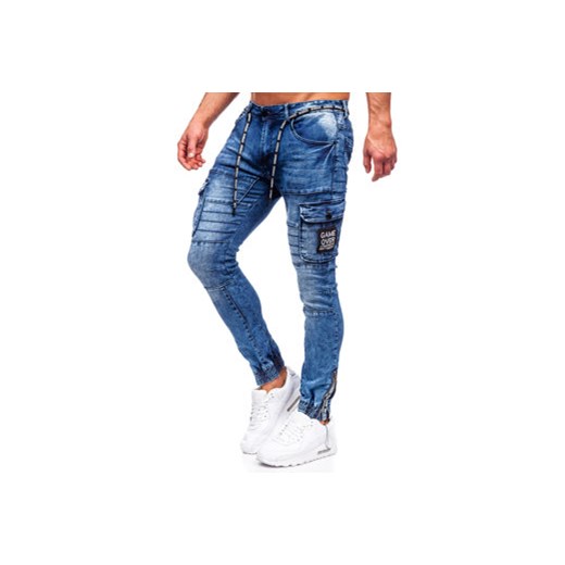 Granatowe jeansowe joggery bojówki spodnie męskie slim fit Denley E9653 36/XL okazja Denley