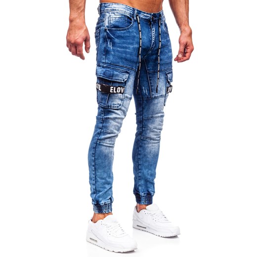 Granatowe jeansowe joggery bojówki spodnie męskie slim fit Denley E9639 38/2XL wyprzedaż Denley