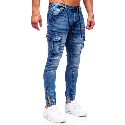 Granatowe jeansowe joggery bojówki spodnie męskie slim fit Denley E9653 32/M okazja Denley