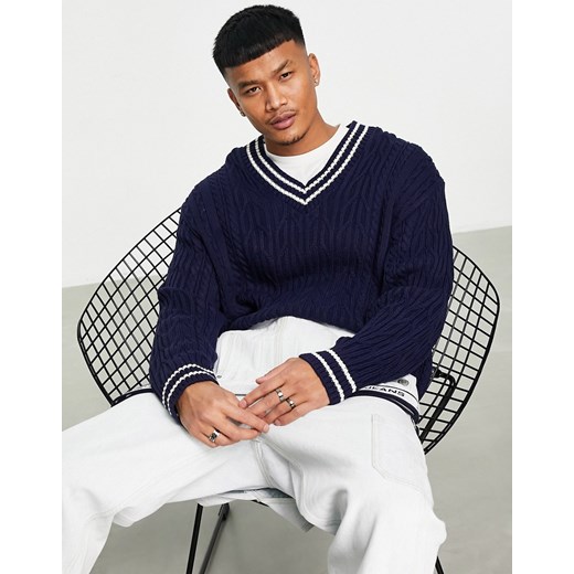 ASOS DESIGN – Granatowy sweter krykietowy o warkoczowym splocie L Asos Poland