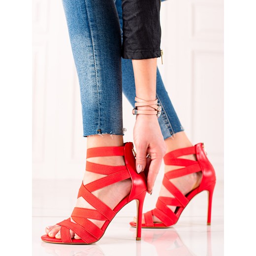 Sandały damskie W. Potocki czerwone z klamrą eleganckie 
