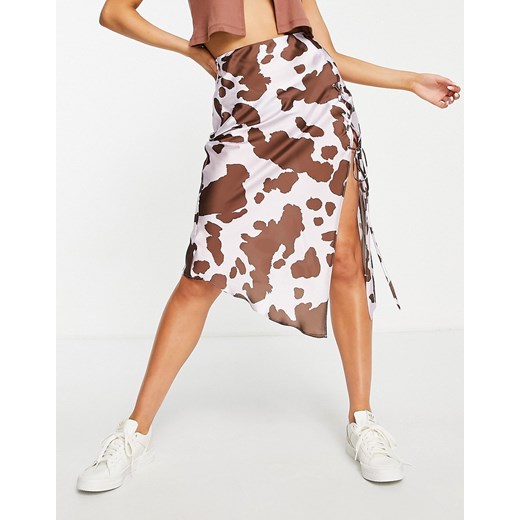 ASOS DESIGN – Satynowa sznurowana spódnica midi we wzór w krowie łaty-Kolorowy 34 Asos Poland
