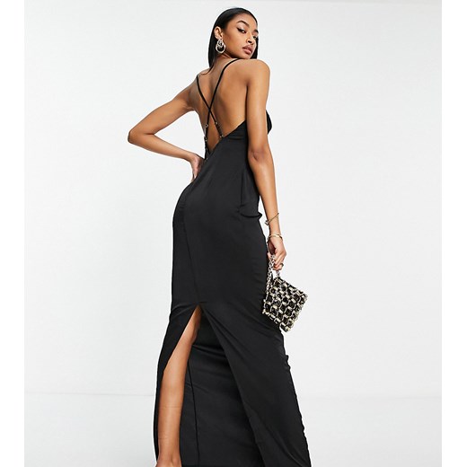 NaaNaa Tall – Czarna satynowa sukienka maxi z drapowanym dekoltem-Black Naanaa Tall 42 okazja Asos Poland